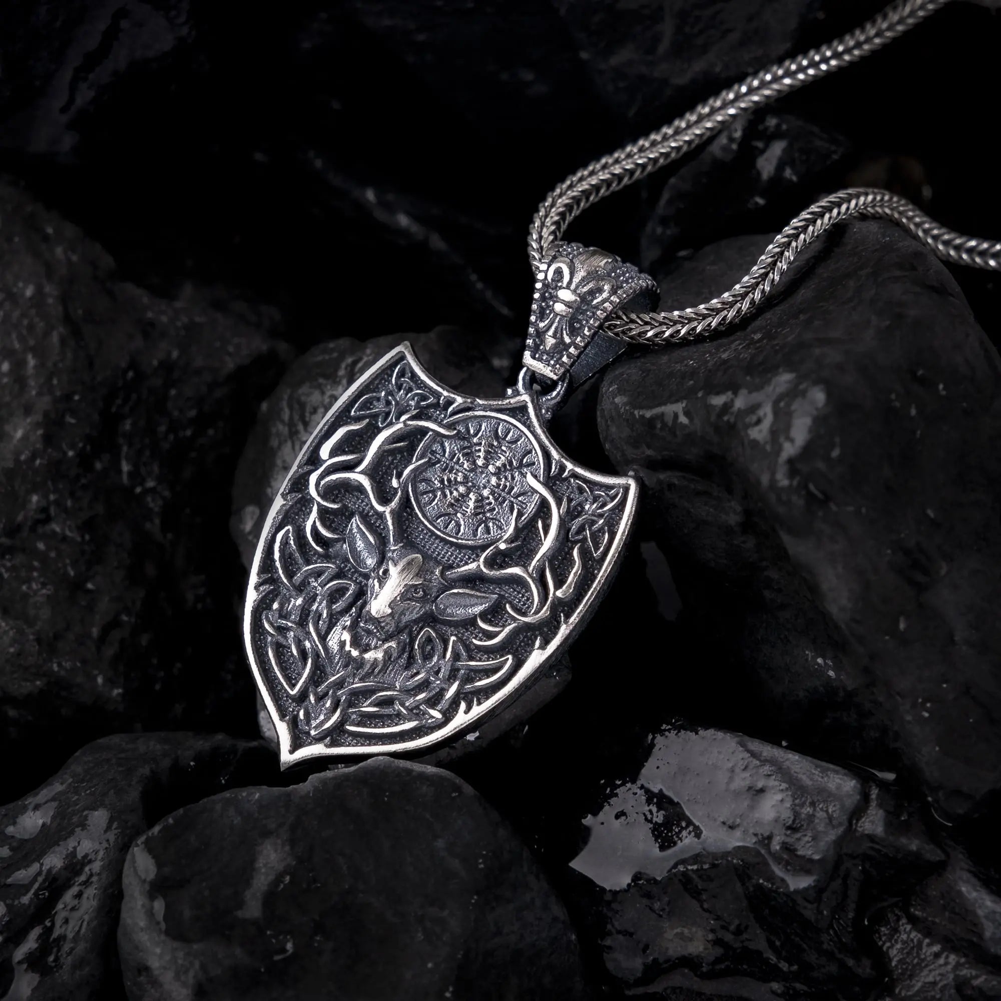 Deer Stag Shield Sterling Silver Pendant - Dagger Forge