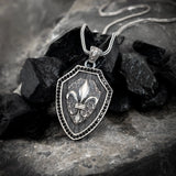 925 Sterling Silver Fleur-de-Lis Shield Pendant with Black Zircons