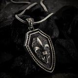 925 Sterling Silver Fleur-de-Lis Shield Pendant with Black Zircons