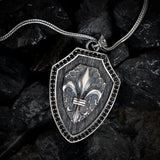 925 Sterling Silver Fleur-de-Lis Shield Pendant with Black Zircons