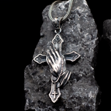 925 Sterling Silver Praying Hands Cross Necklace - Men's Gothic Oxidized Pendant