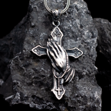 925 Sterling Silver Praying Hands Cross Necklace - Men's Gothic Oxidized Pendant