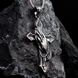 925 Sterling Silver Praying Hands Cross Necklace - Men's Gothic Oxidized Pendant