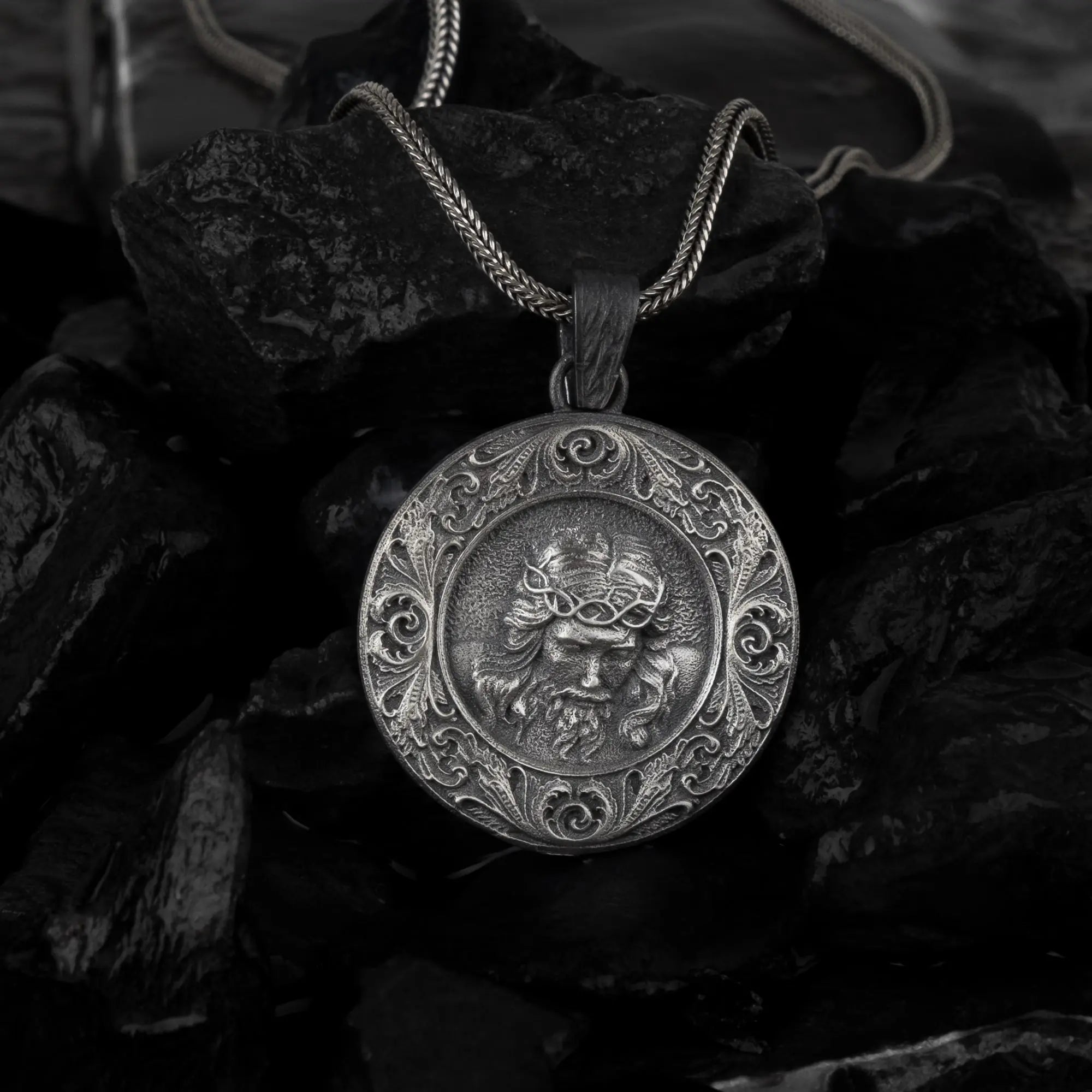 Crowned Christ Medallion Pendant – Sterling Silver Halo - Dagger Forge