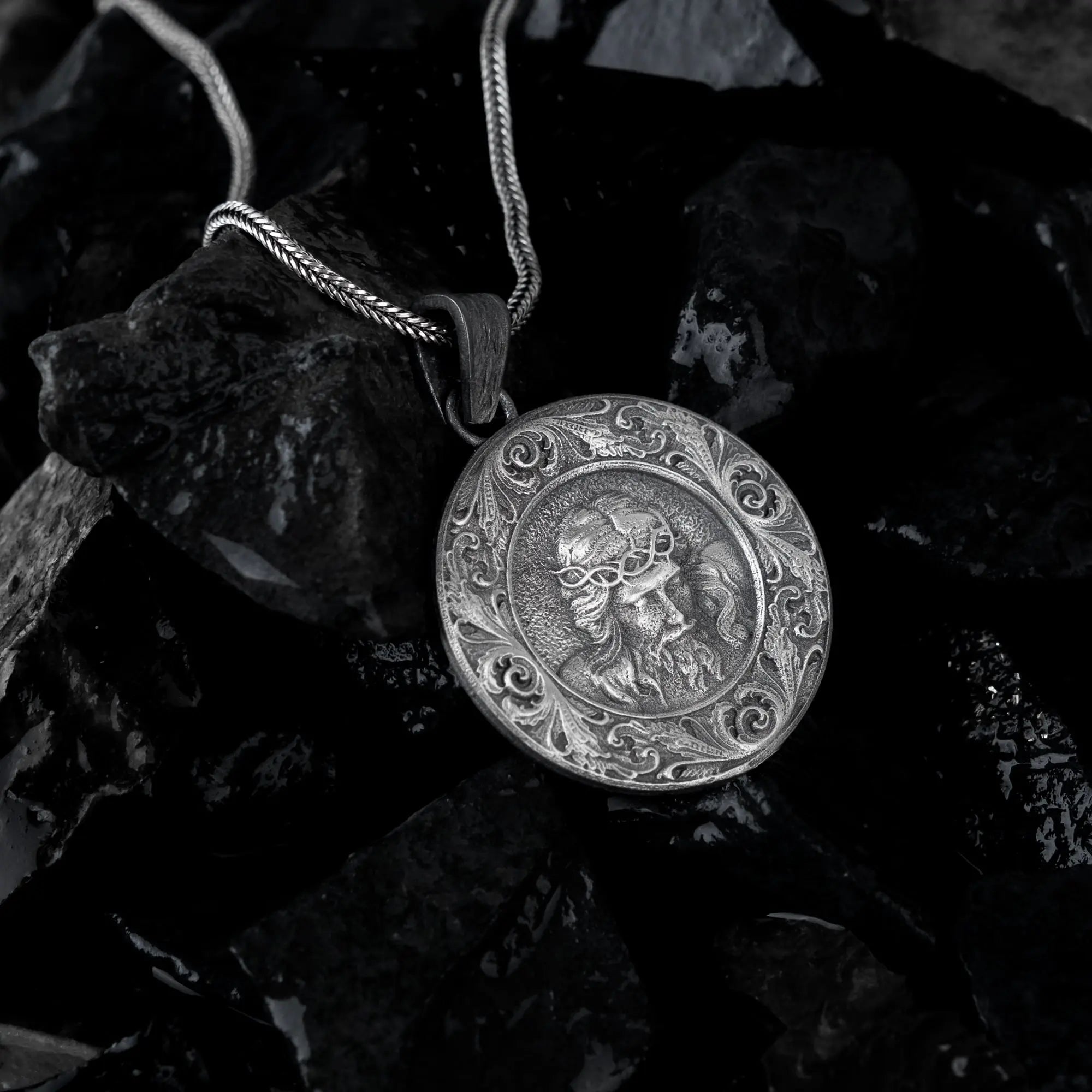 Crowned Christ Medallion Pendant – Sterling Silver Halo - Dagger Forge