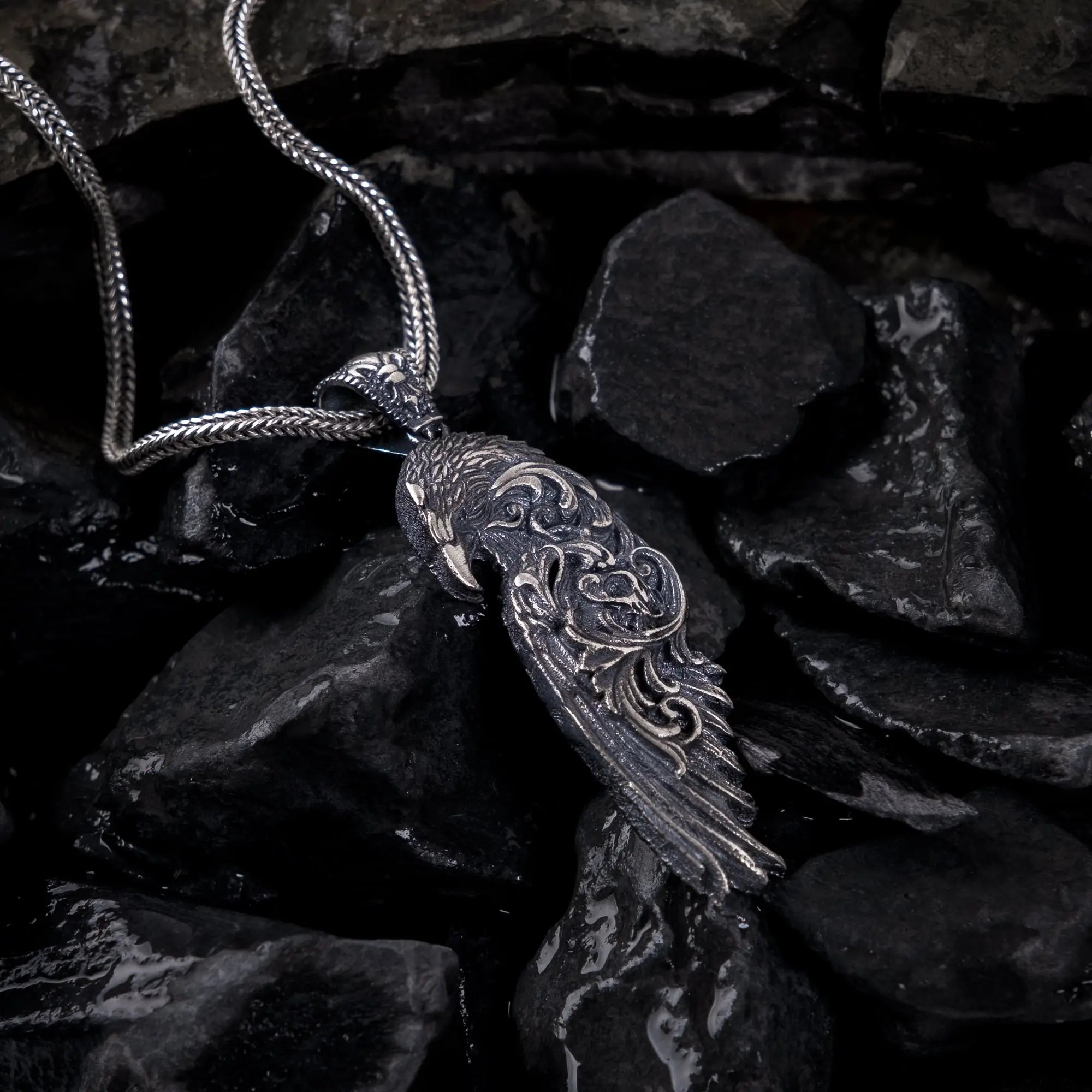 Gothic Eagle Wing Sterling Silver Pendant - Dagger Forge