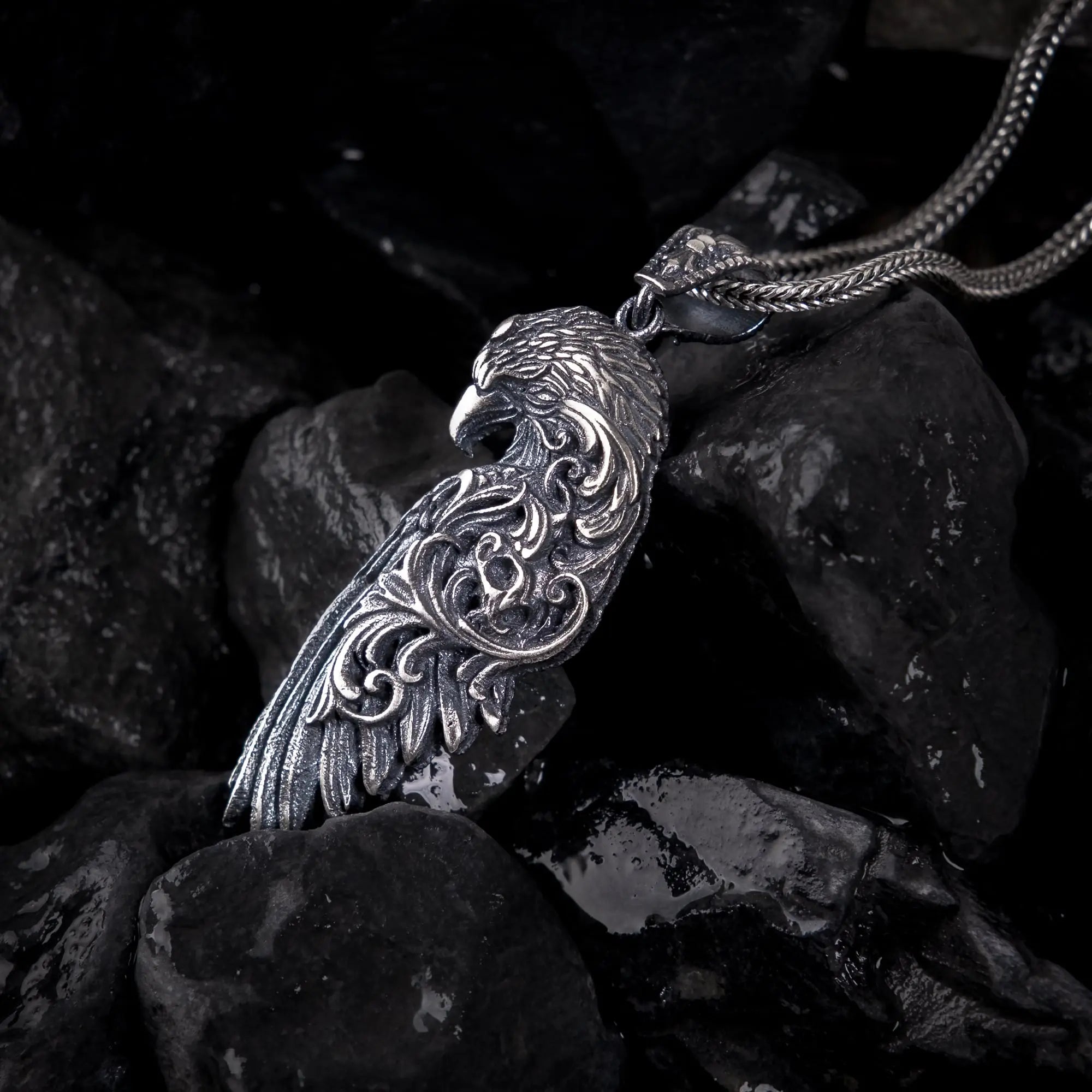 Gothic Eagle Wing Sterling Silver Pendant - Dagger Forge