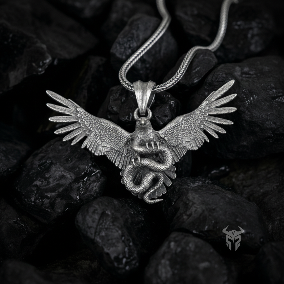 Silver pendant with eagle and snake design on dark stone background